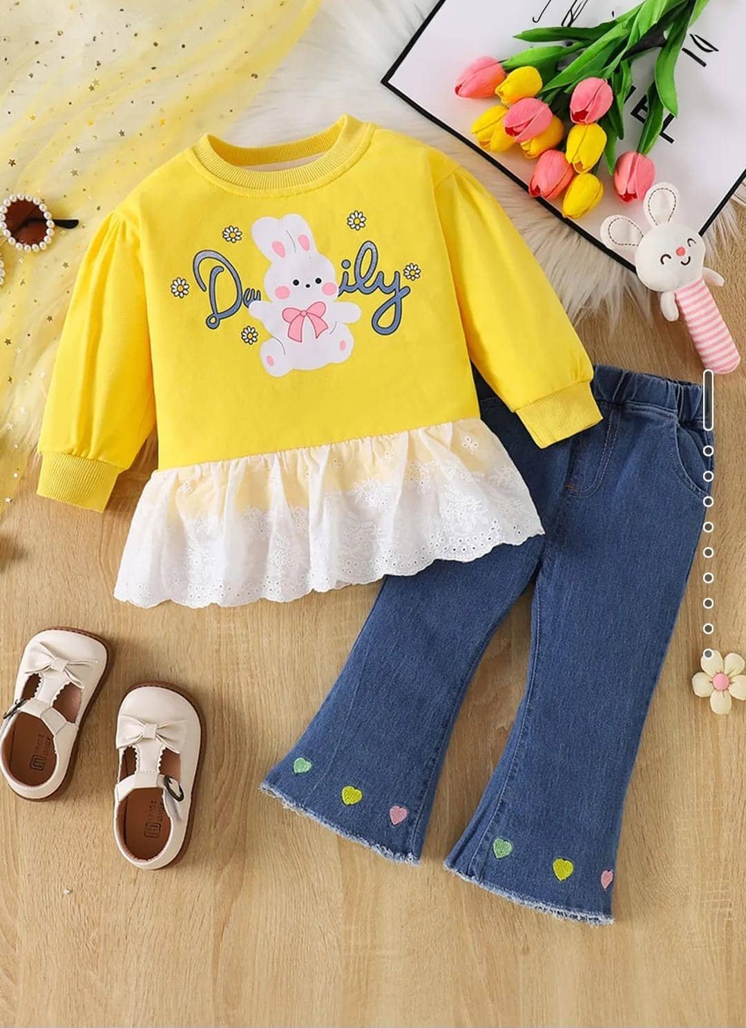 N.Mannat Colletion Baby Girls Cotton Blend T-shirt & Jeans Set ( Yellow & Blue , Pack of 1 )