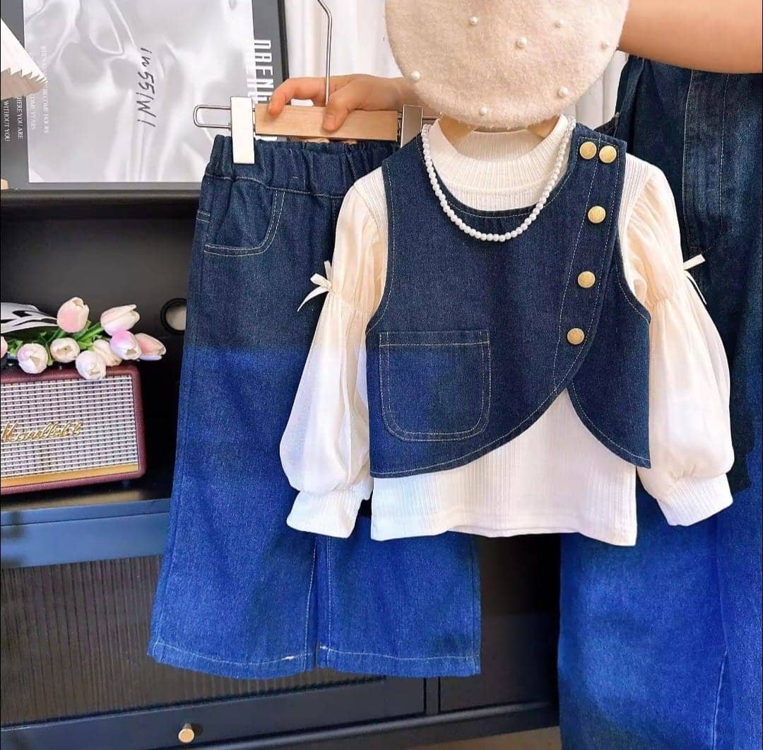 N.Mannat Colletion Baby Girls Acrylic T-shirt & Jeans Set ( White & Blue , Pack of 1 ) - Image 2