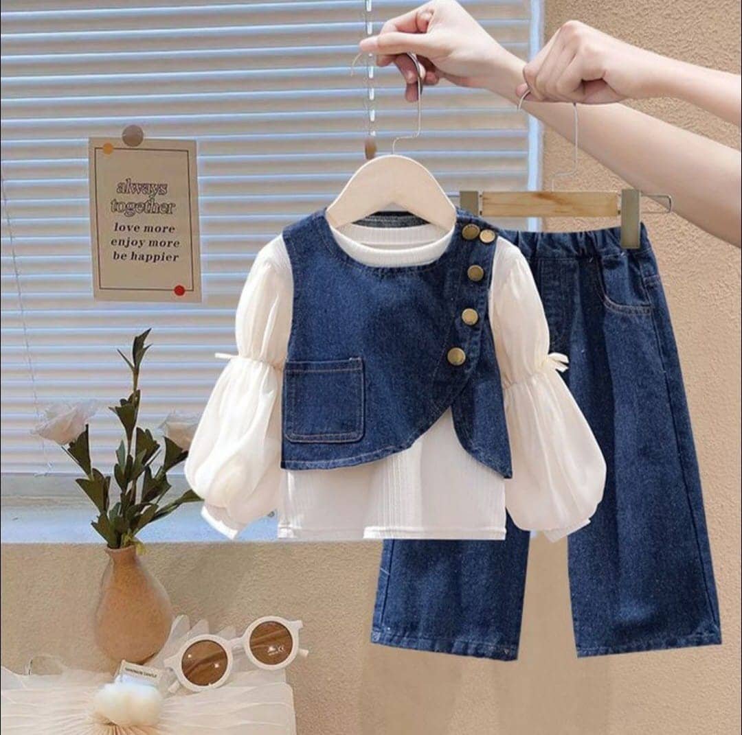 N.Mannat Colletion Baby Girls Acrylic T-shirt & Jeans Set ( White & Blue , Pack of 1 ) - Image 3