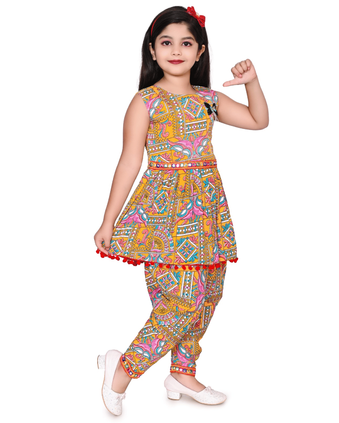 Girls Cotton Blend Kurti with Dhoti ( Pack of 1 , Yellow ) - Image 2