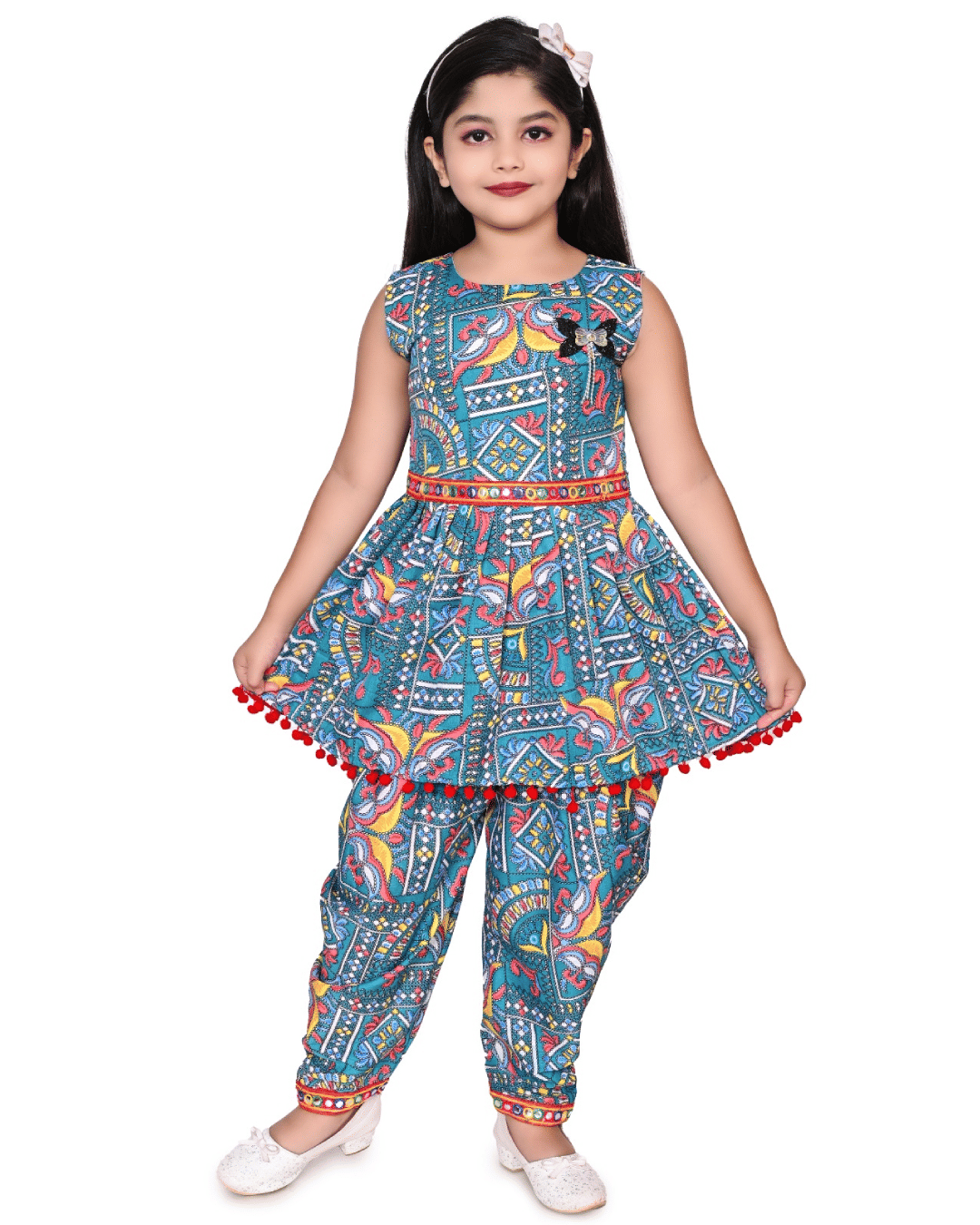 Girls Cotton Blend Kurti with Dhoti ( Pack of 1 , Aqua )