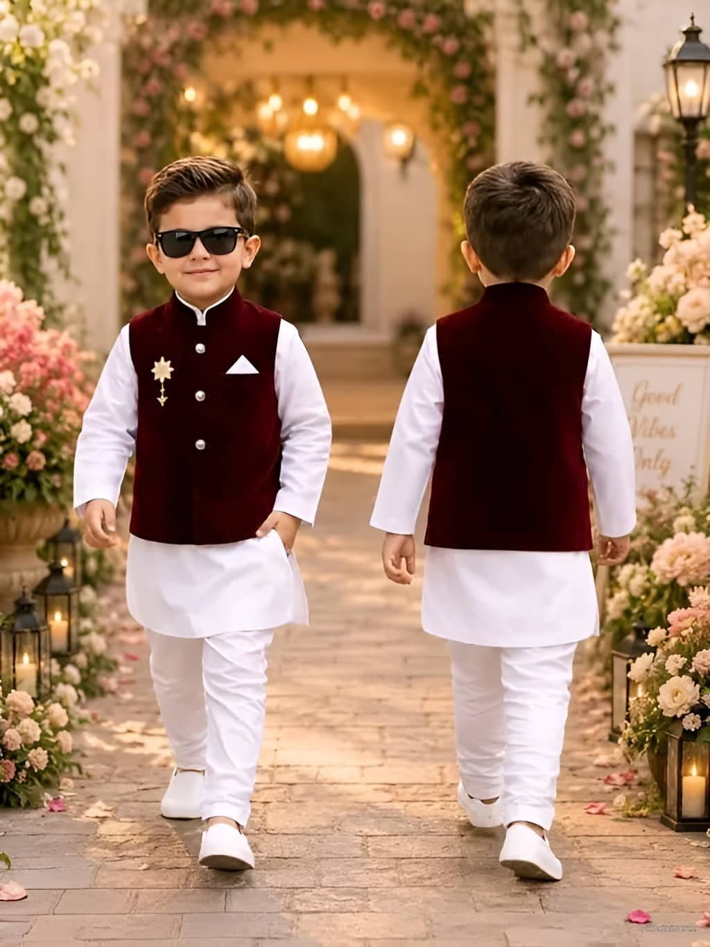 Baby Boys Cotton Blend Maroon Kurta Pyjama Set ( Pack of 1 ) - Image 2