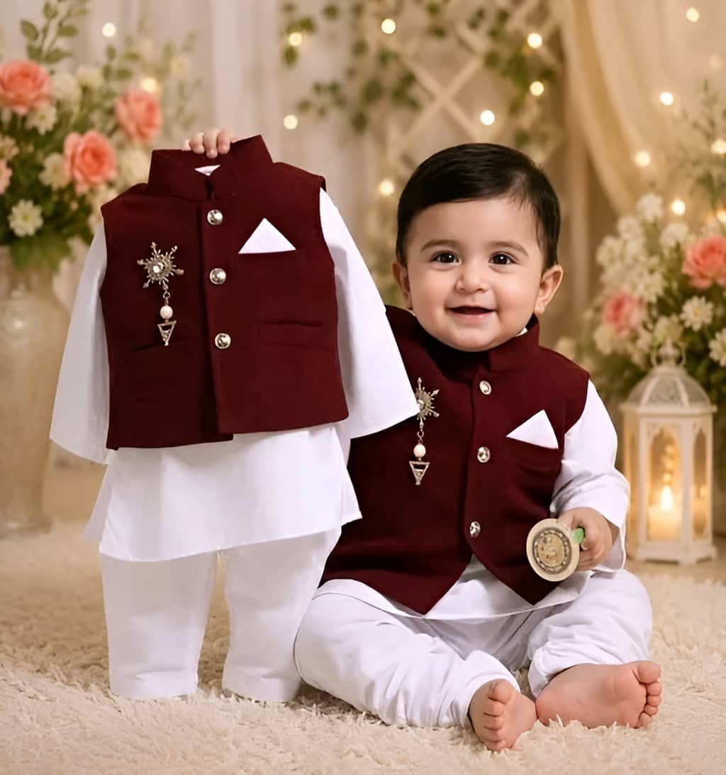 Baby Boys Cotton Blend Maroon Kurta Pyjama Set ( Pack of 1 ) - Image 3