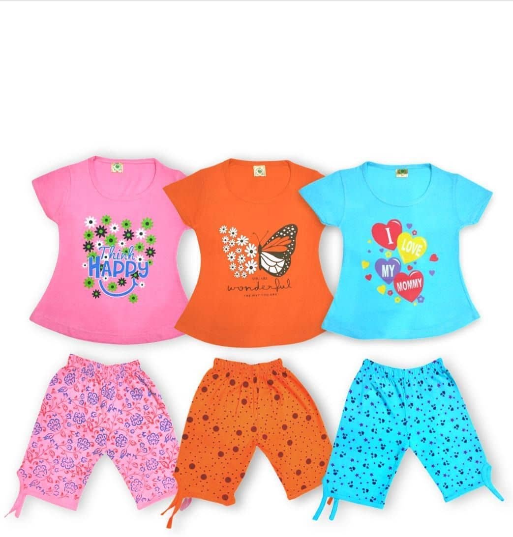 Girls 100% Cotton T-shirt & Capris Set ( Multicolor , Pack of 3 )