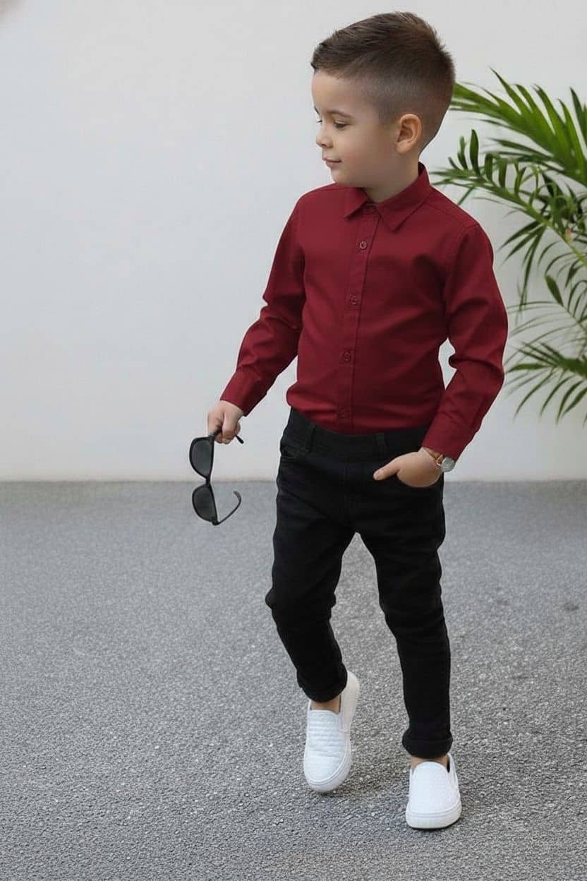 Nelkar Boys Cotton Shirt & Pants Set ( Maroon , Pack of 1 )
