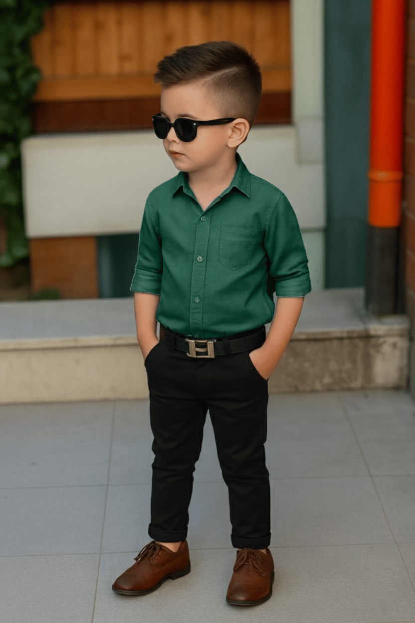 Nelkar Boys Cotton Shirt & Pants Set ( Green , Pack of 1 )