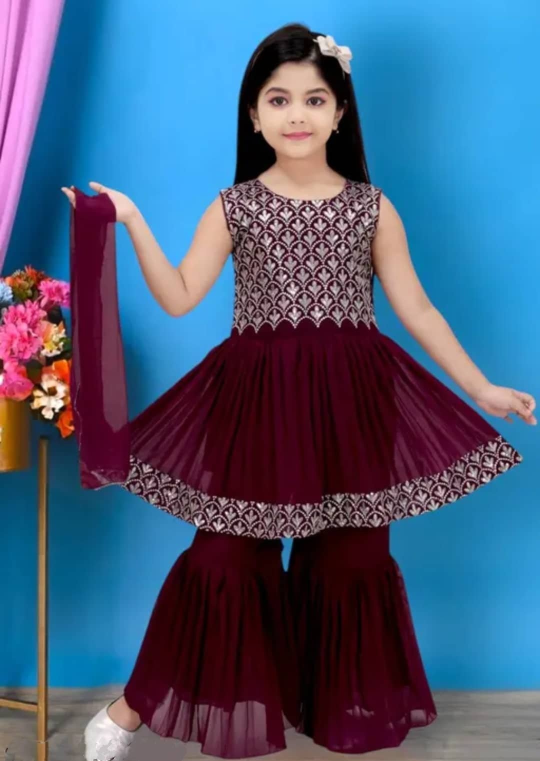 New Polo Girls Georgette Kurti with Sharara ( Pack of 1 , Purple )