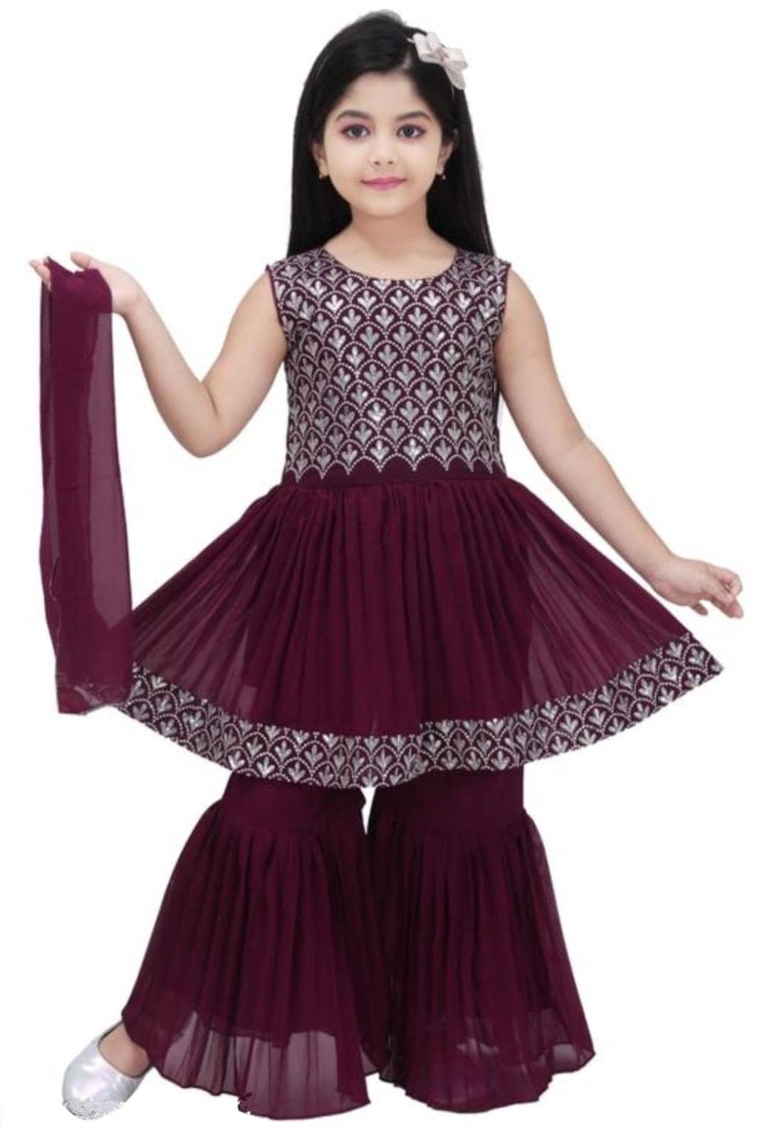 New Polo Girls Georgette Kurti with Sharara ( Pack of 1 , Purple )