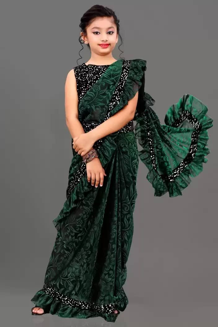 Lycra Ready To Wear Saree For Baby Girls ( Green , Pack of 1 )