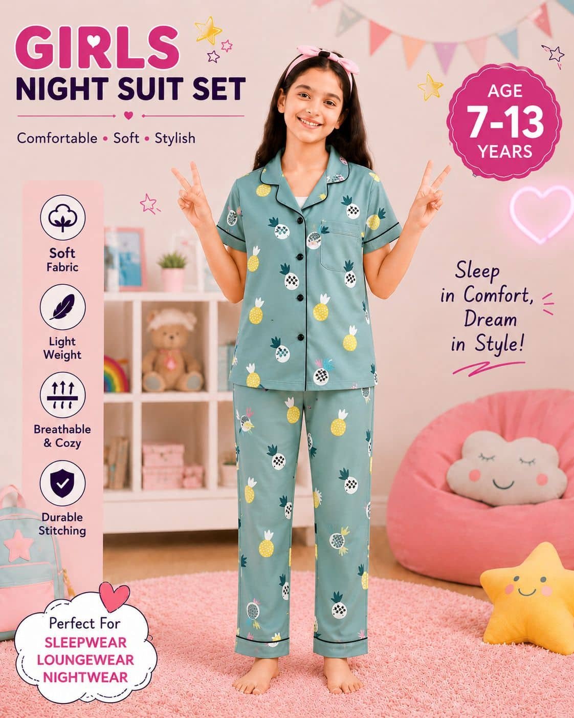 Pack of 1 Girls Rayon Nightsuit Set ( Green )