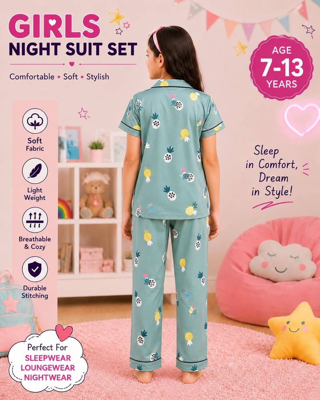 Pack of 1 Girls Rayon Nightsuit Set ( Green ) - Image 2