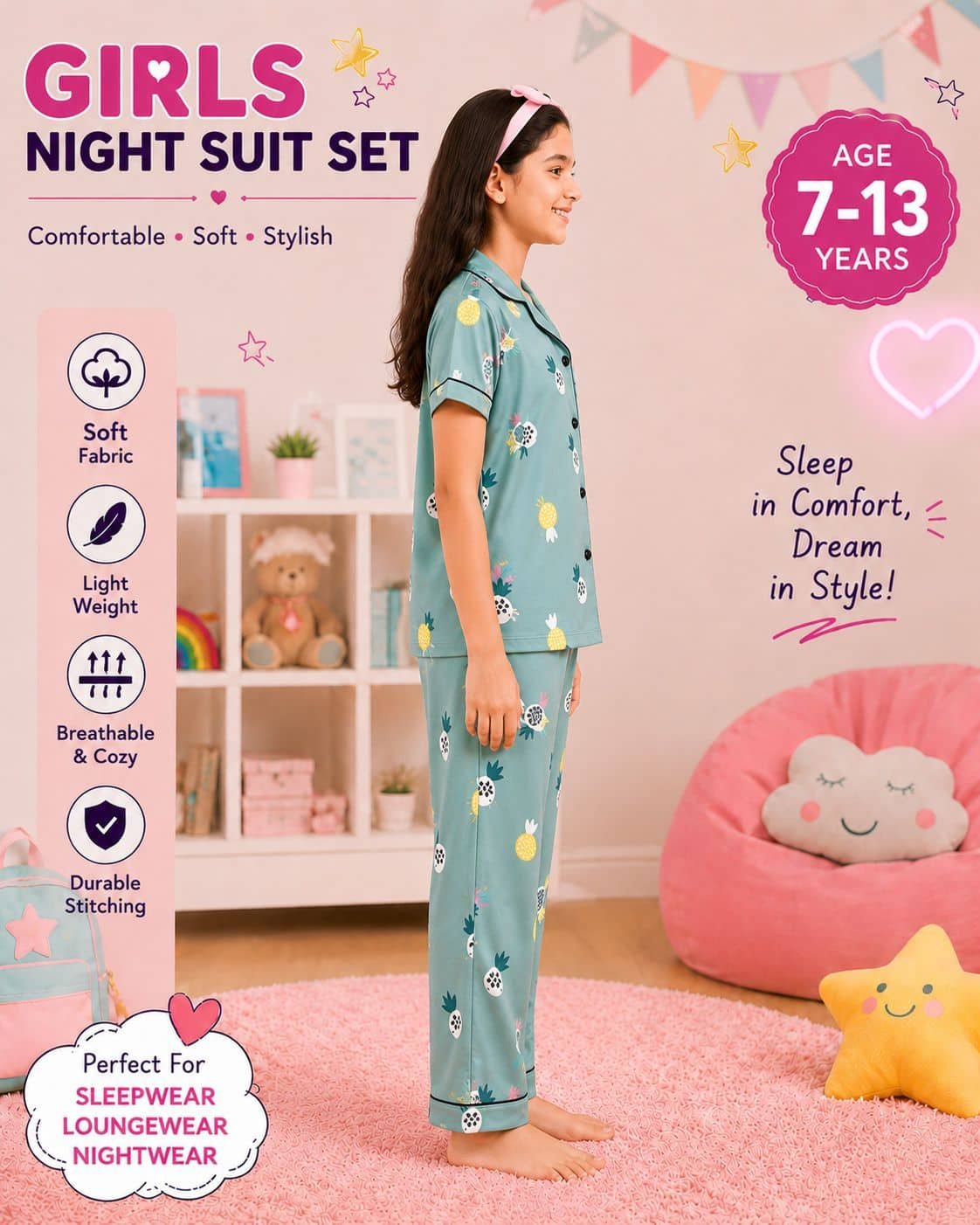Pack of 1 Girls Rayon Nightsuit Set ( Green ) - Image 3