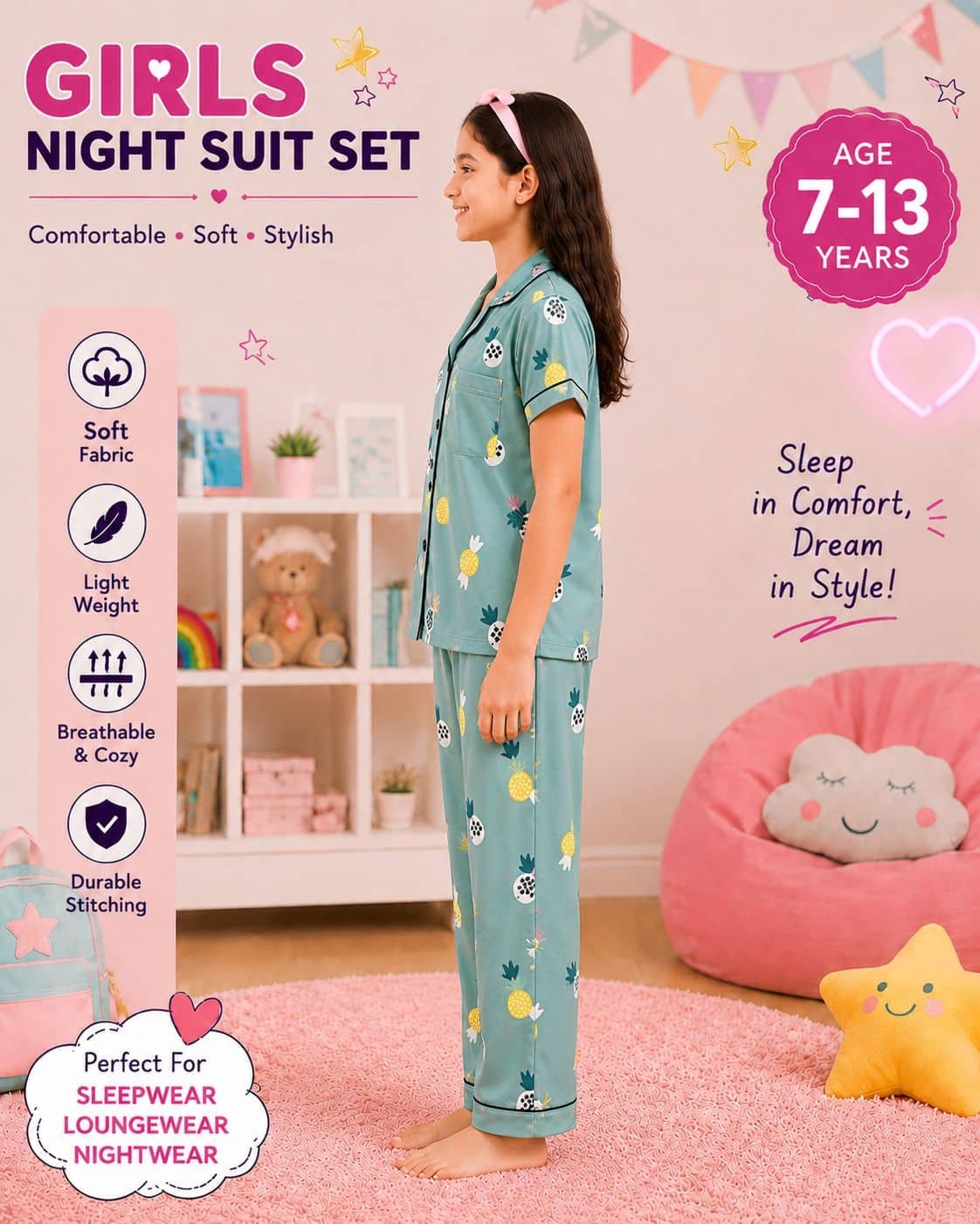 Pack of 1 Girls Rayon Nightsuit Set ( Green ) - Image 4