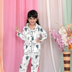 Paghdal Brothers Pack of 1 Girls Polyester Nightsuit Set ( White )