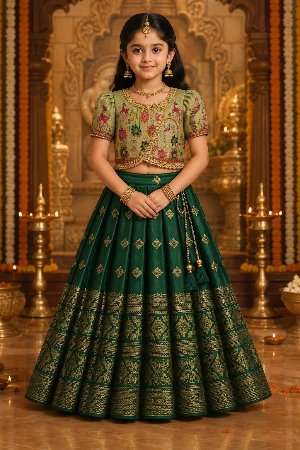 Pritamfab Cotton Lehenga Choli Set For Girls ( Pack of 1 , Green )