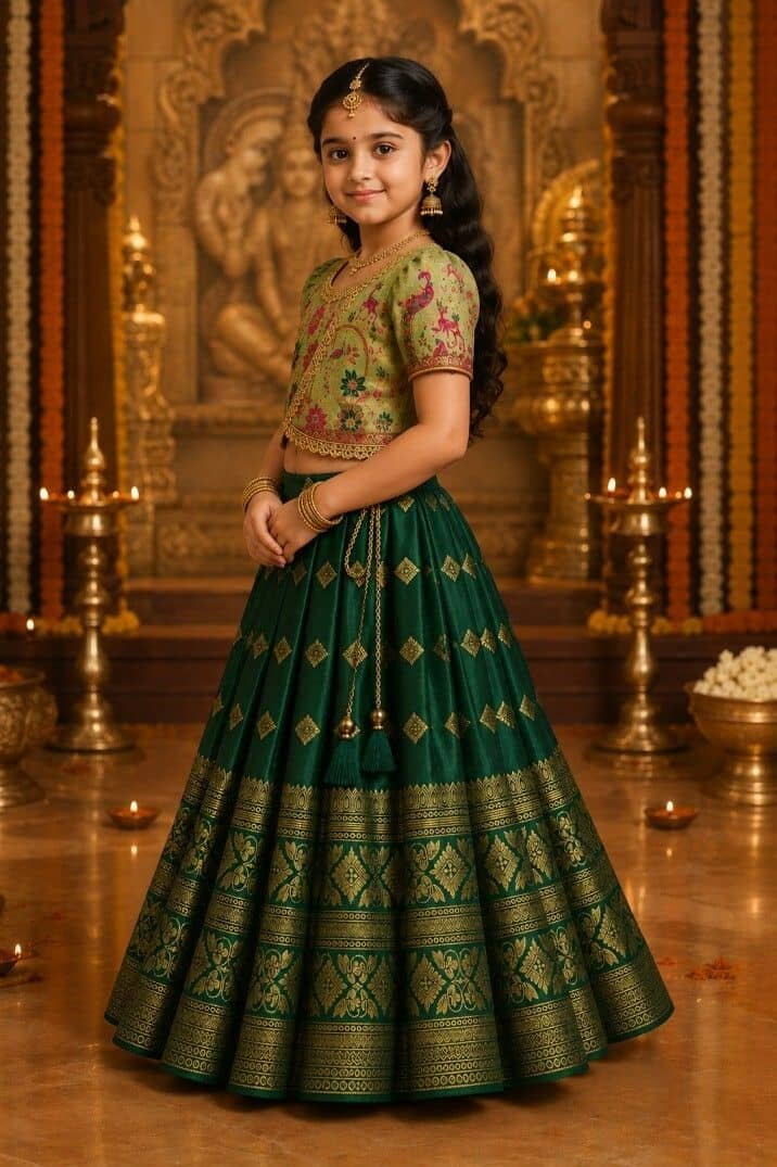 Pritamfab Cotton Lehenga Choli Set For Girls ( Pack of 1 , Green ) - Image 3