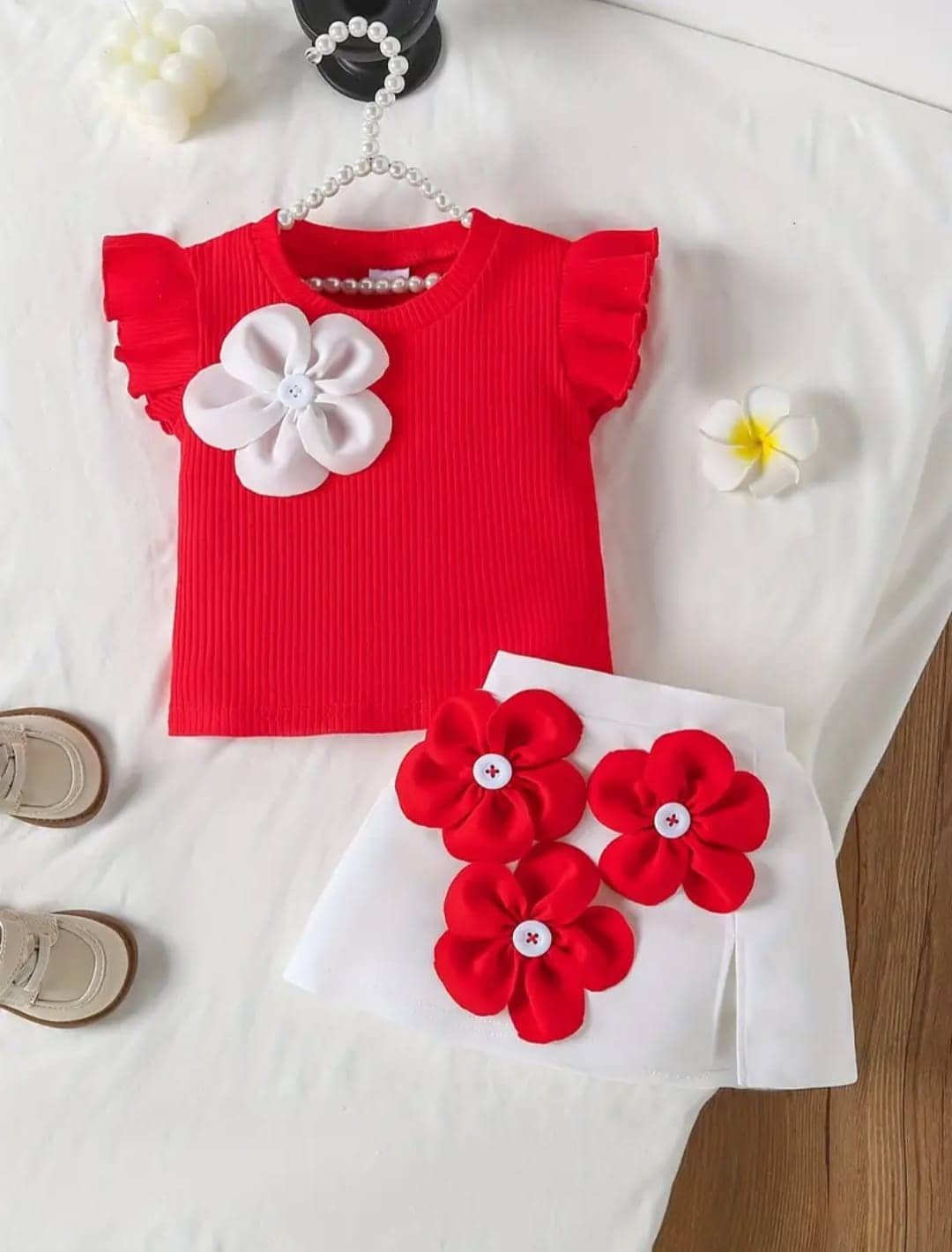 Pack of 2 Girls Cotton Blend T-shirt & Skirts ( White & Red ) - Image 2