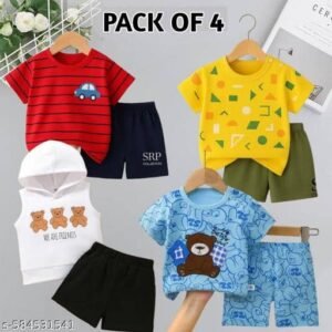 Baby Boys Cotton Blend T-Shirt & Shorts Set ( Multicolor , Pack of 4 )