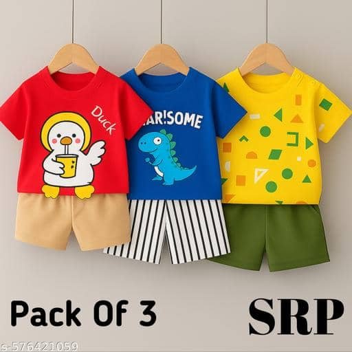 Baby Boys Cotton Blend T-Shirt & Shorts Set ( Multicolor , Pack of 3 )