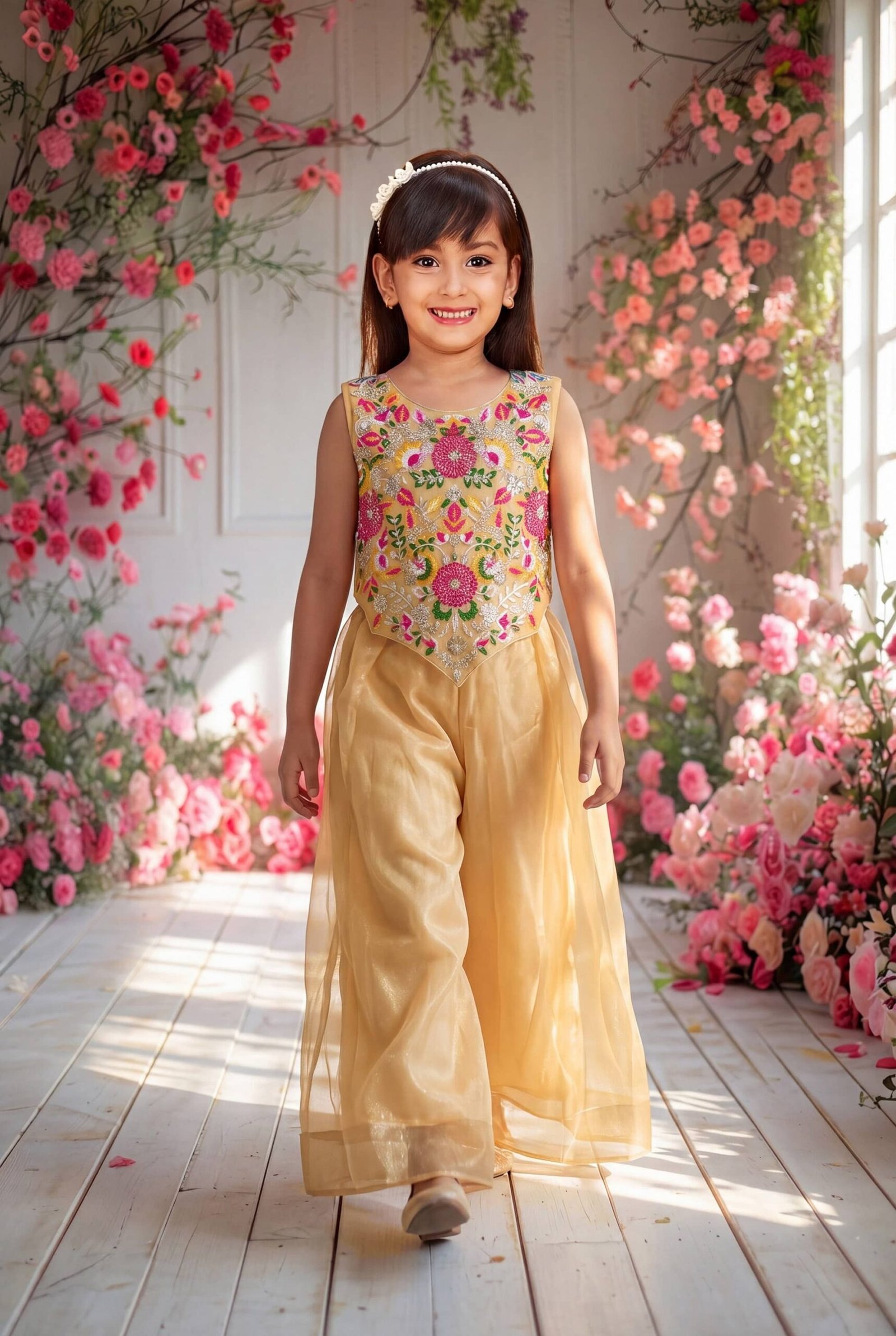 Spangel Fashion Girls Net Kurti with Sharara ( Pack of 1 , Gold )