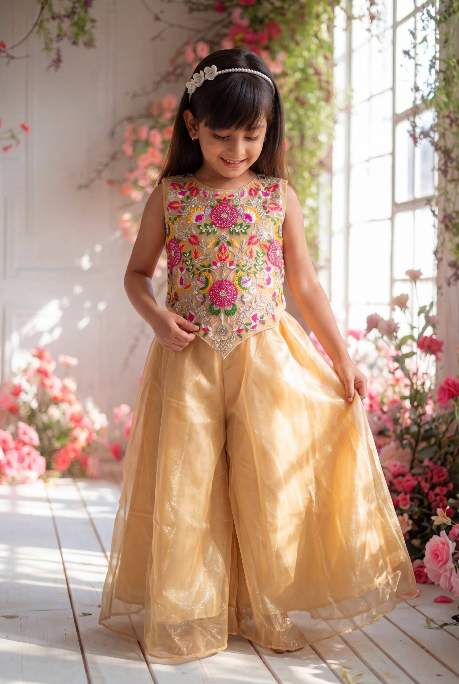 Spangel Fashion Girls Net Kurti with Sharara ( Pack of 1 , Gold ) - Image 2