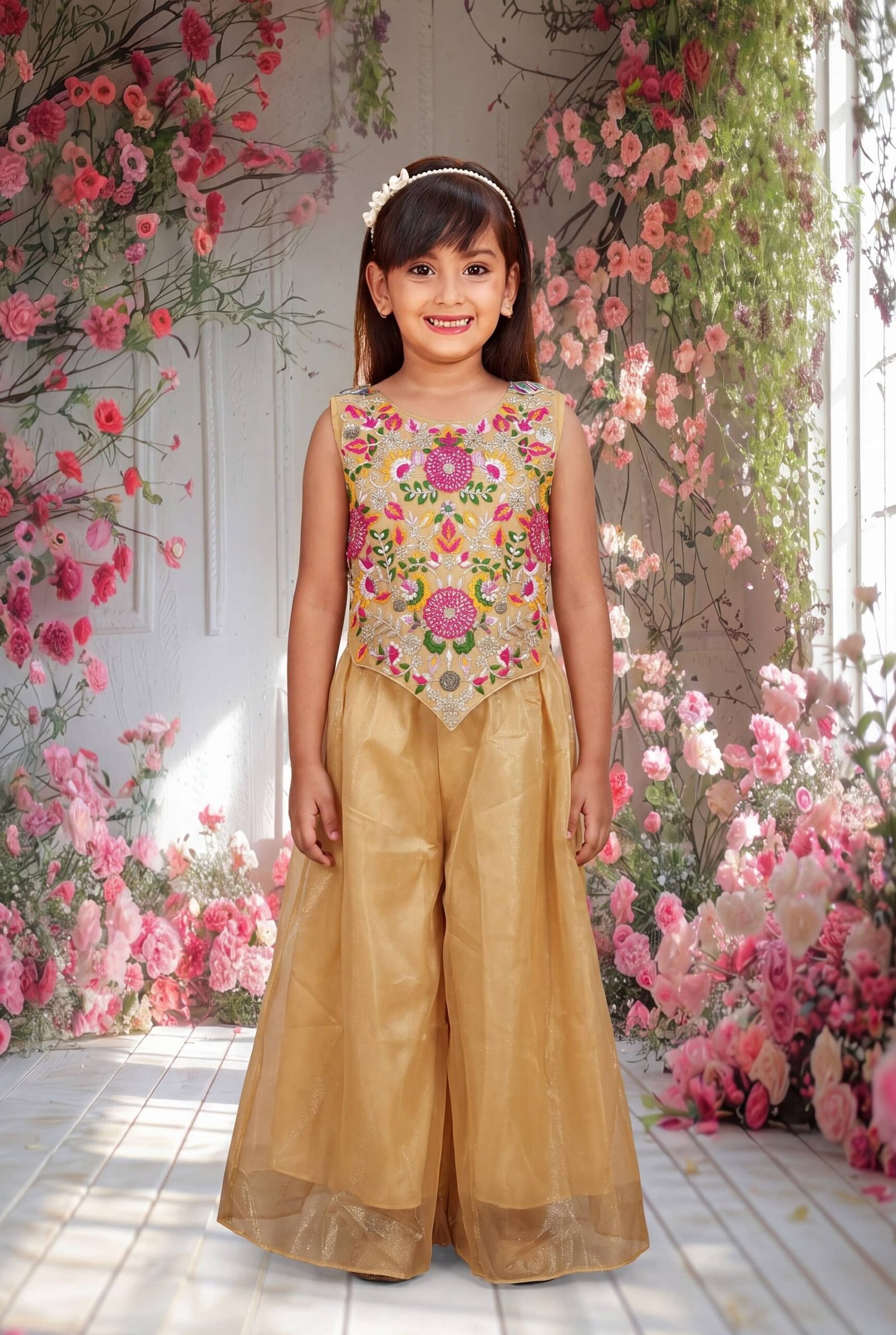 Spangel Fashion Girls Net Kurti with Sharara ( Pack of 1 , Gold ) - Image 3