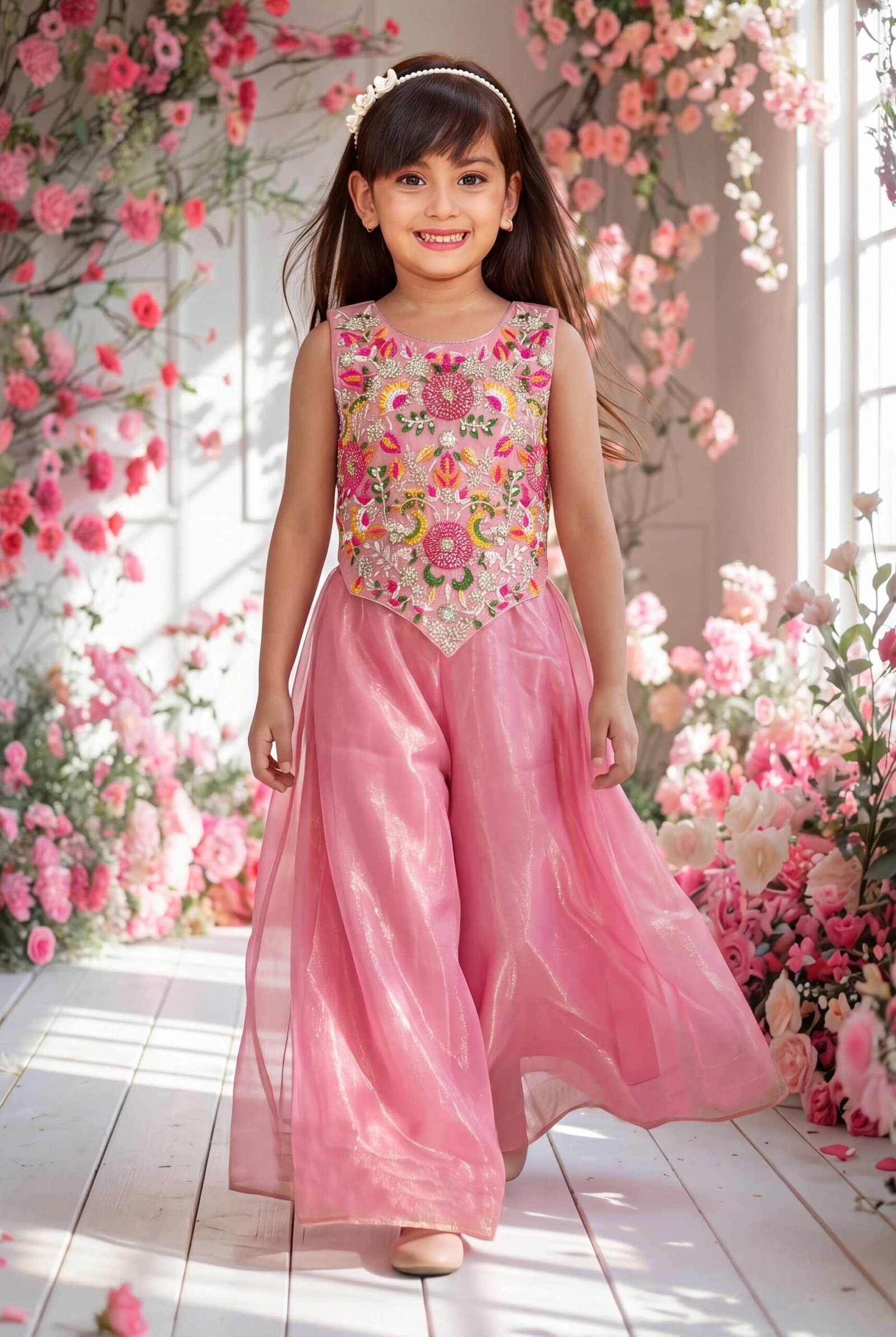 Spangel Fashion Girls Net Kurti with Sharara ( Pack of 1 , Pink )