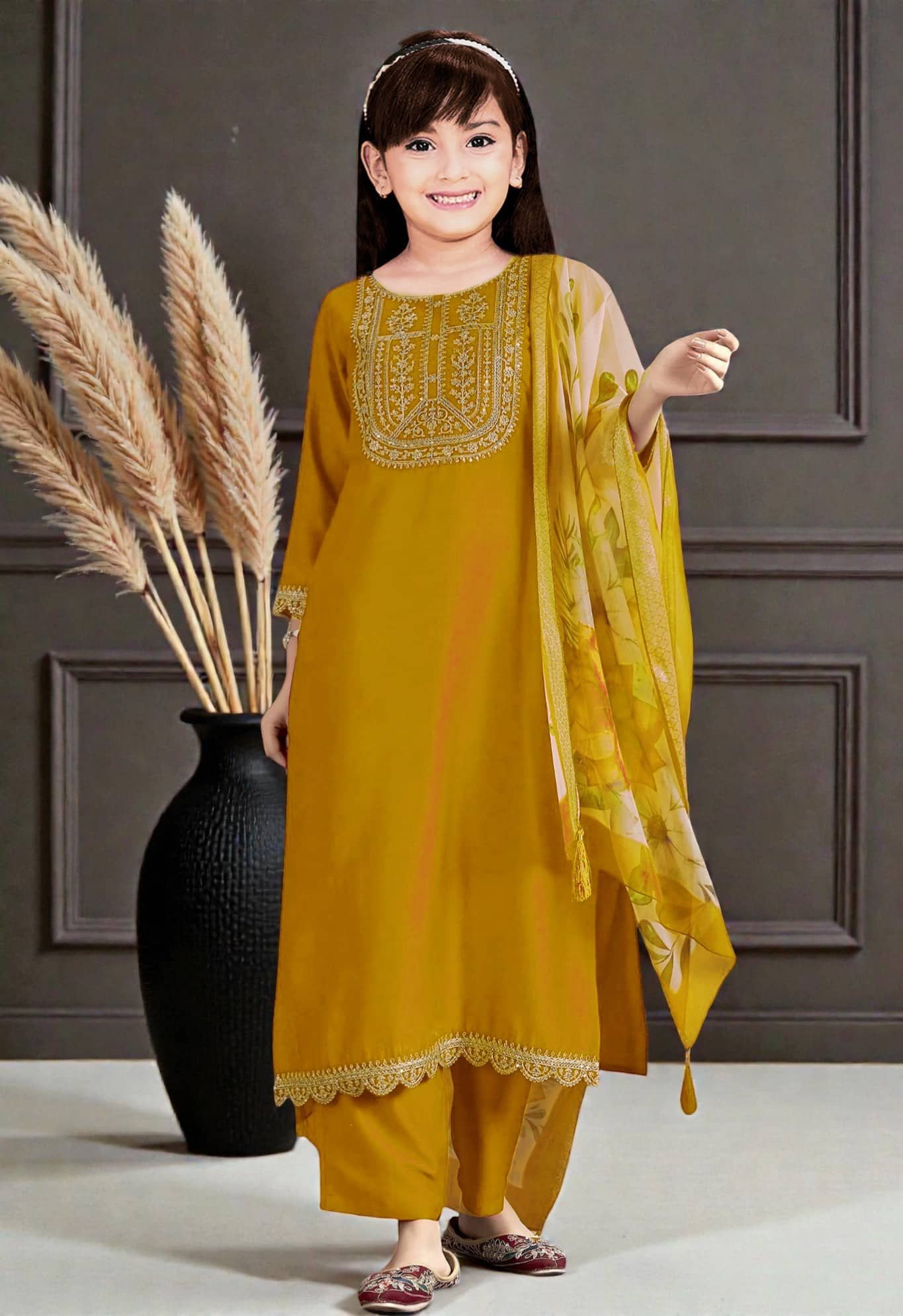 Spangel Fashion Girls Rayon Kurti with Pants ( Pack of 1 , Yellow ) - Image 2