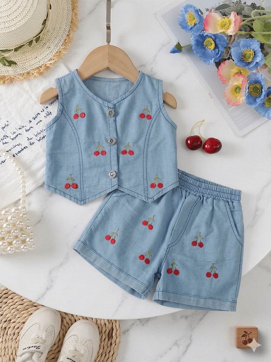 Baby Girls Denim Shirt & Shorts Set ( Denim Blue , Pack of 2 )