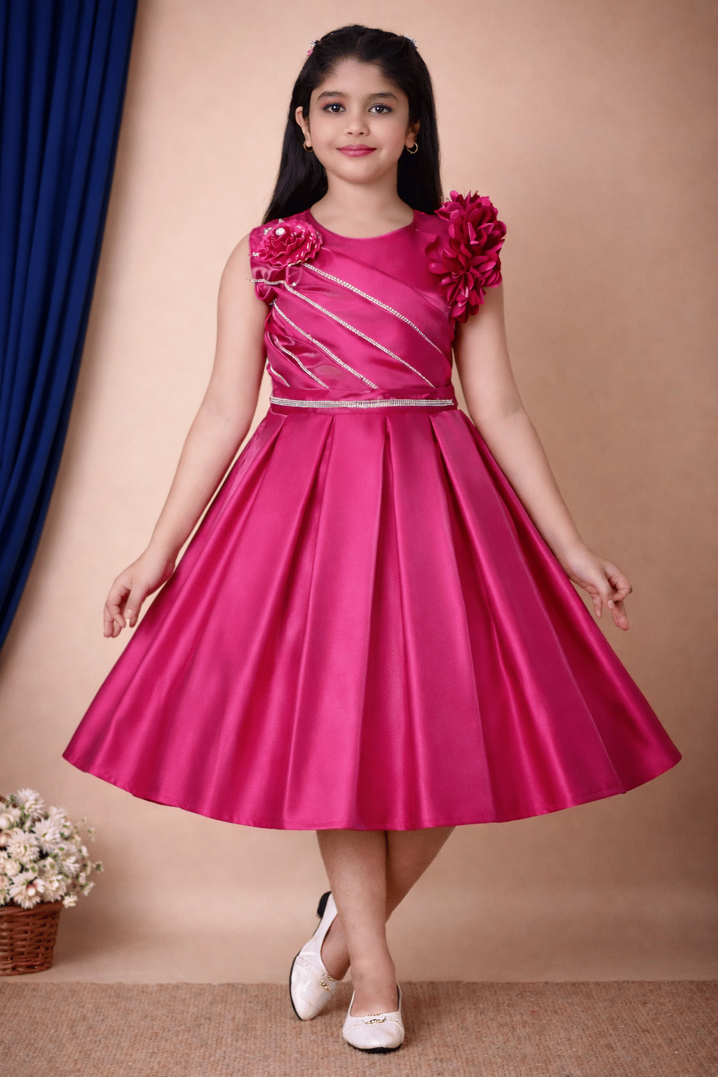 Cotton Blend Dress For Girls ( Pack of 1 , Hot Pink )