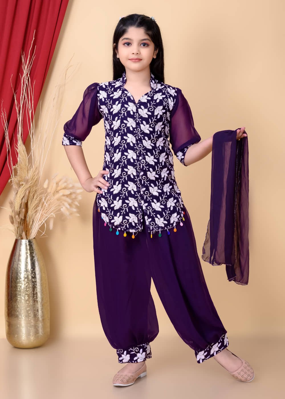 Girls Georgette Kurti with Salwar ( Pack of 3 , Purple )