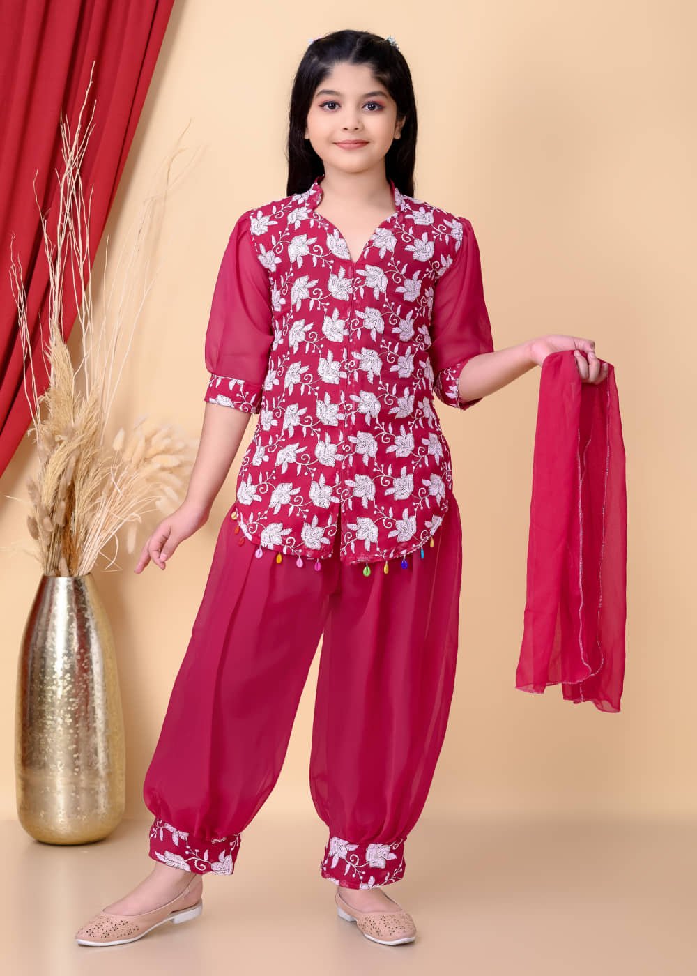 Girls Georgette Kurti with Salwar ( Pack of 3 , Deep Pink )