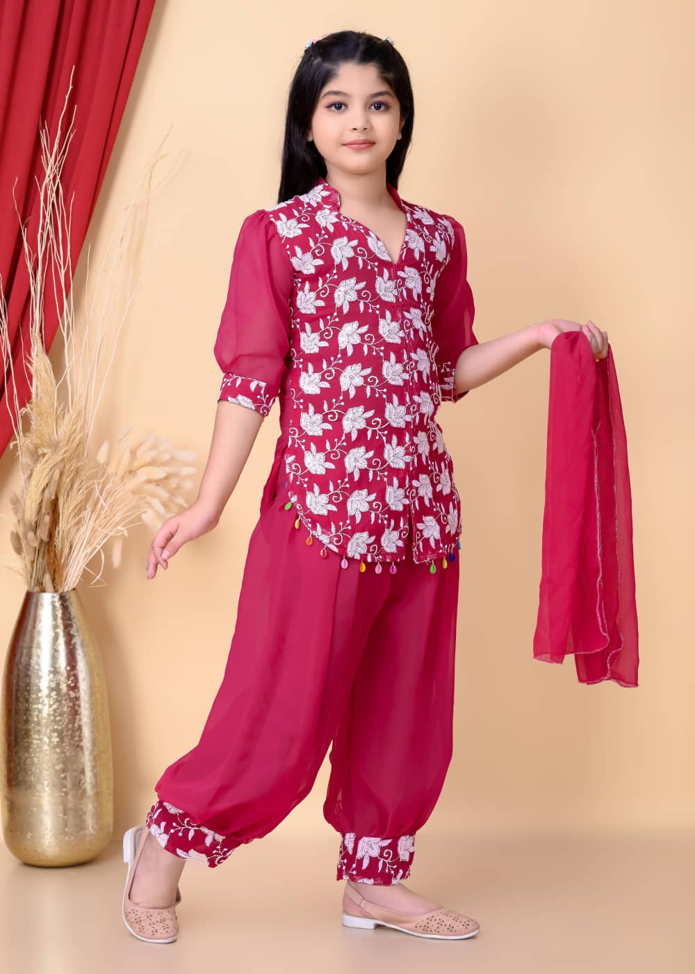 Girls Georgette Kurti with Salwar ( Pack of 3 , Deep Pink ) - Image 2
