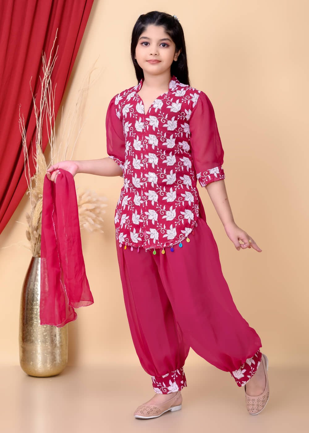 Girls Georgette Kurti with Salwar ( Pack of 3 , Deep Pink ) - Image 3