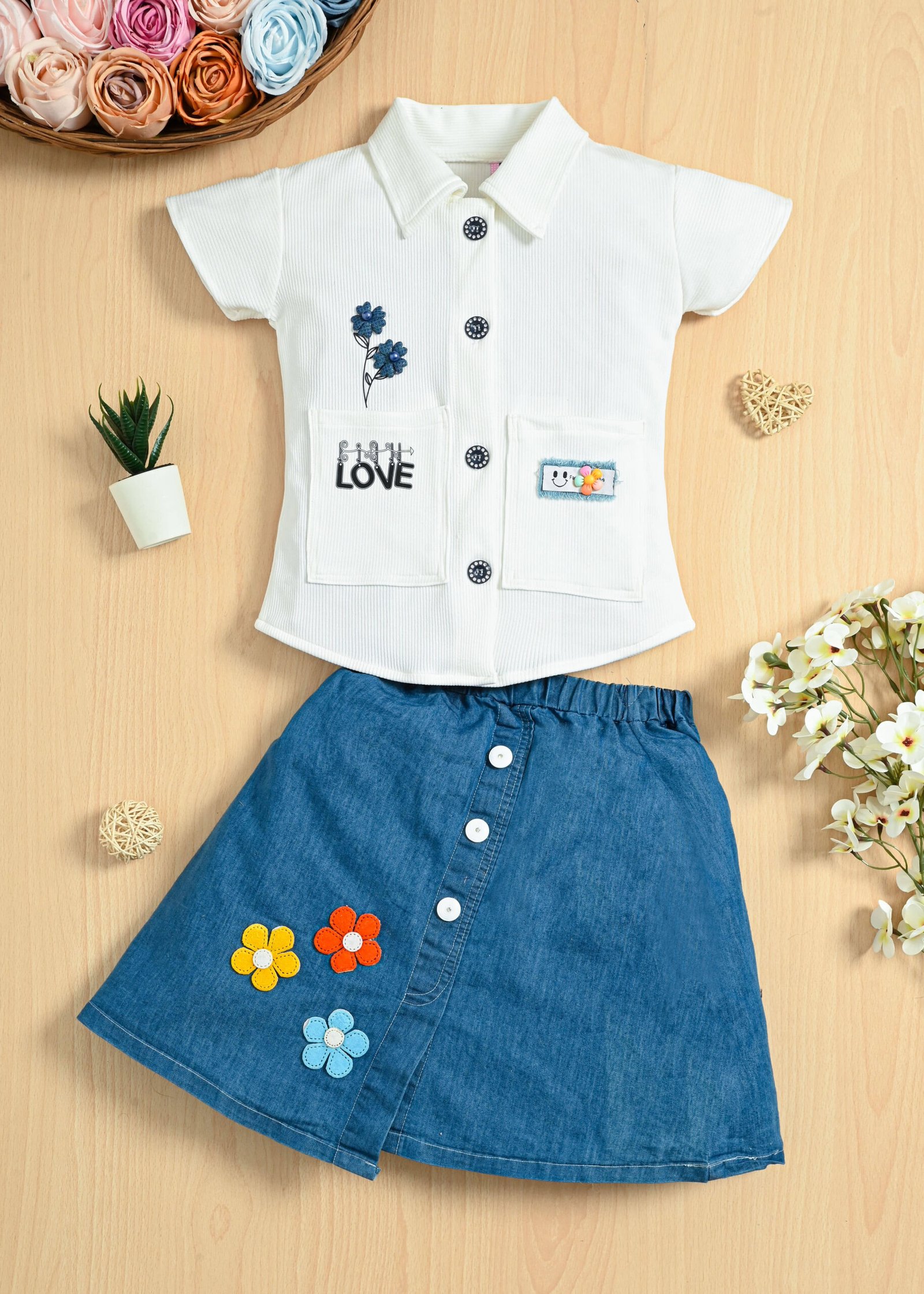 Pack of 1 Girls Denim T-shirt & Skirt ( White )