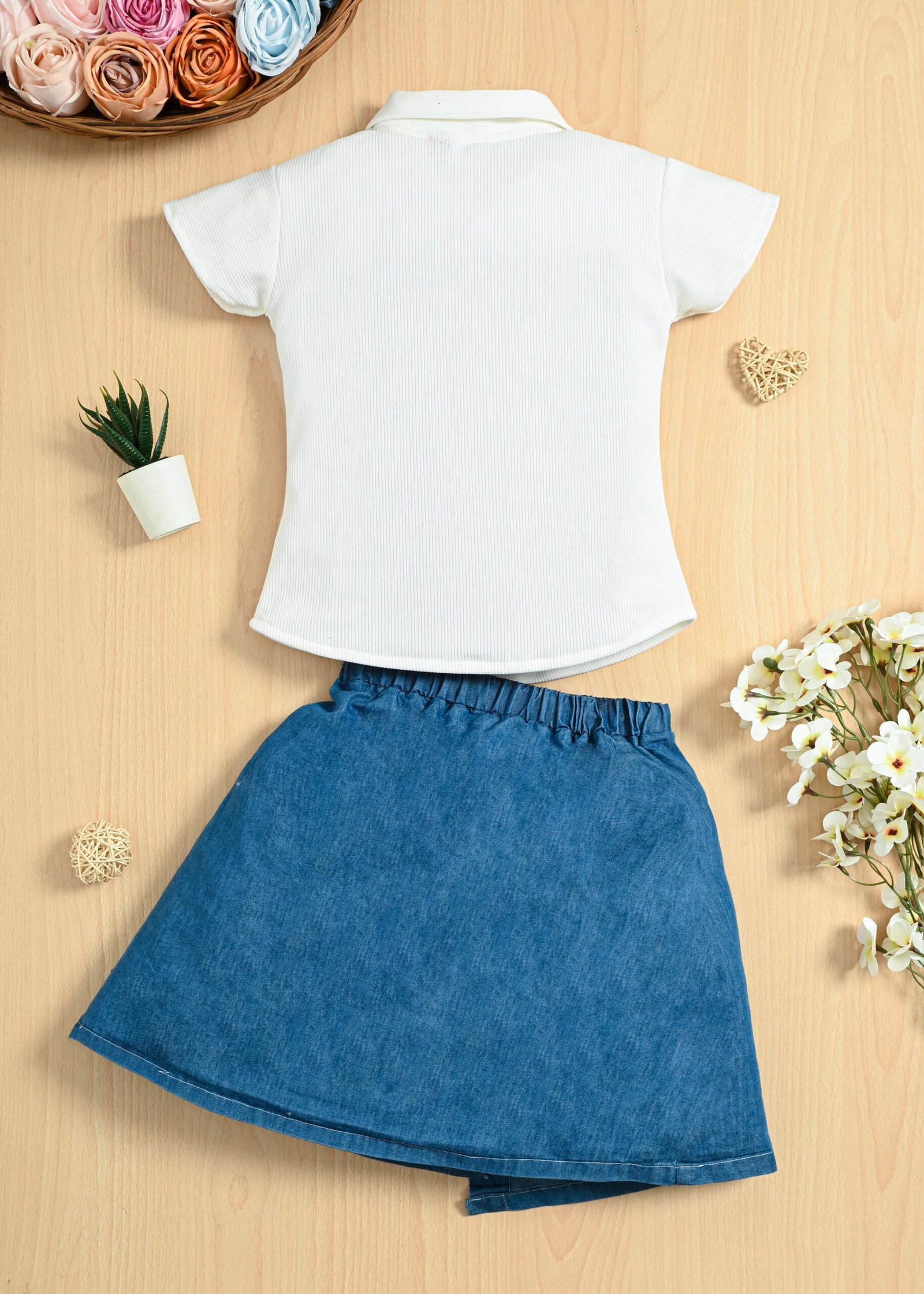 Pack of 1 Girls Denim T-shirt & Skirt ( White ) - Image 2