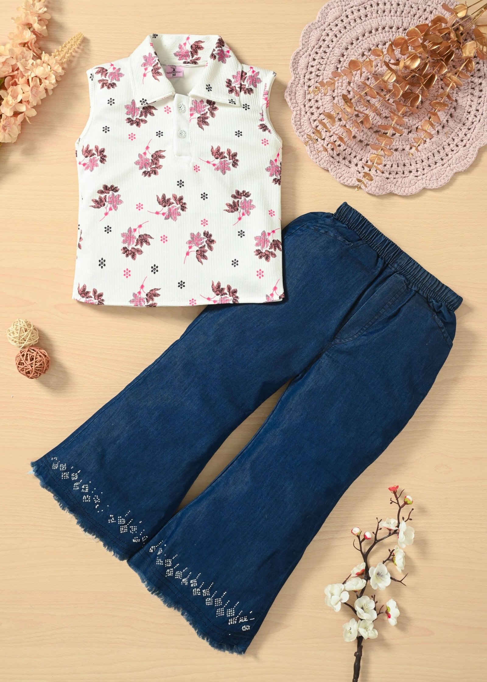 Pack of 1 Girls Denim T-shirt & Jeans ( White )