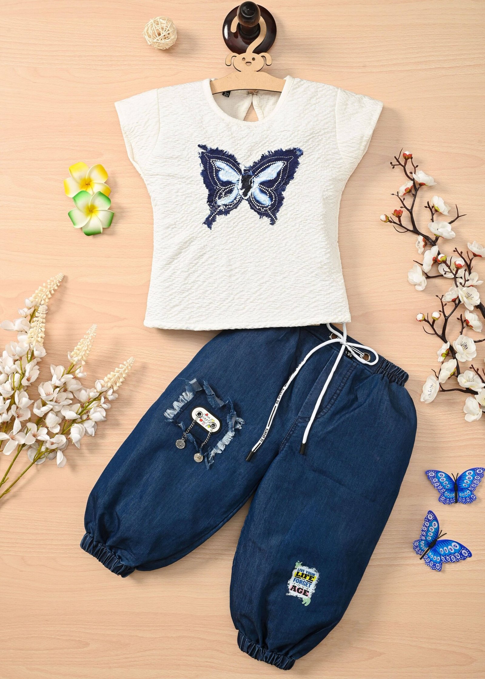 Pack of 1 Girls Denim T-shirt & Jeans ( White )