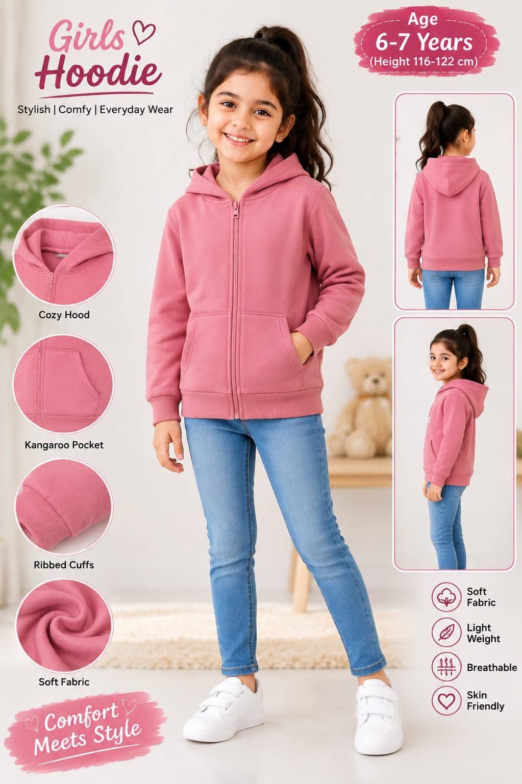 Pack of 1 Girls Fleece Sweatshirt ( Peach Puff ) - Image 5