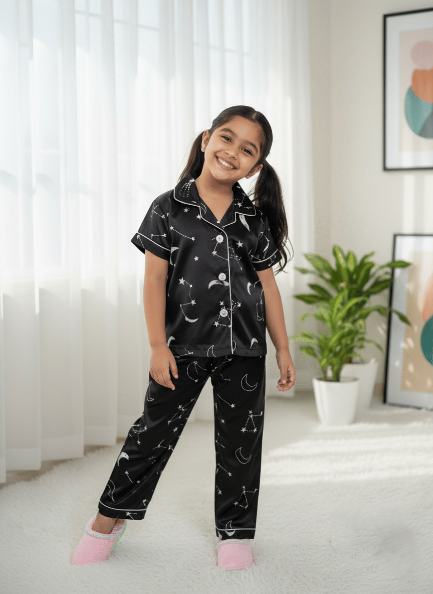 Pack of 1 Girls Cotton Blend Nightsuit Set ( Black )