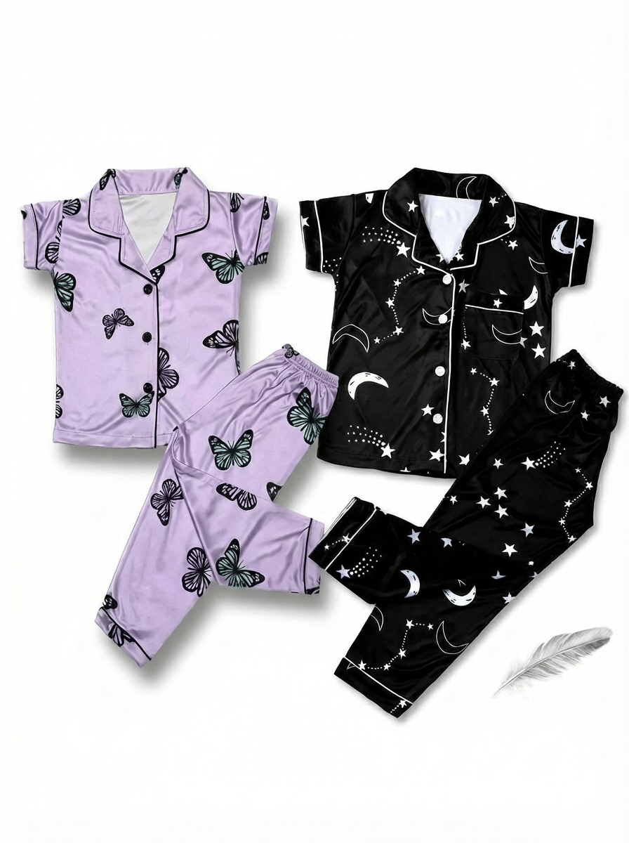 Pack of 2 Girls Cotton Blend Nightsuit Set ( Black )