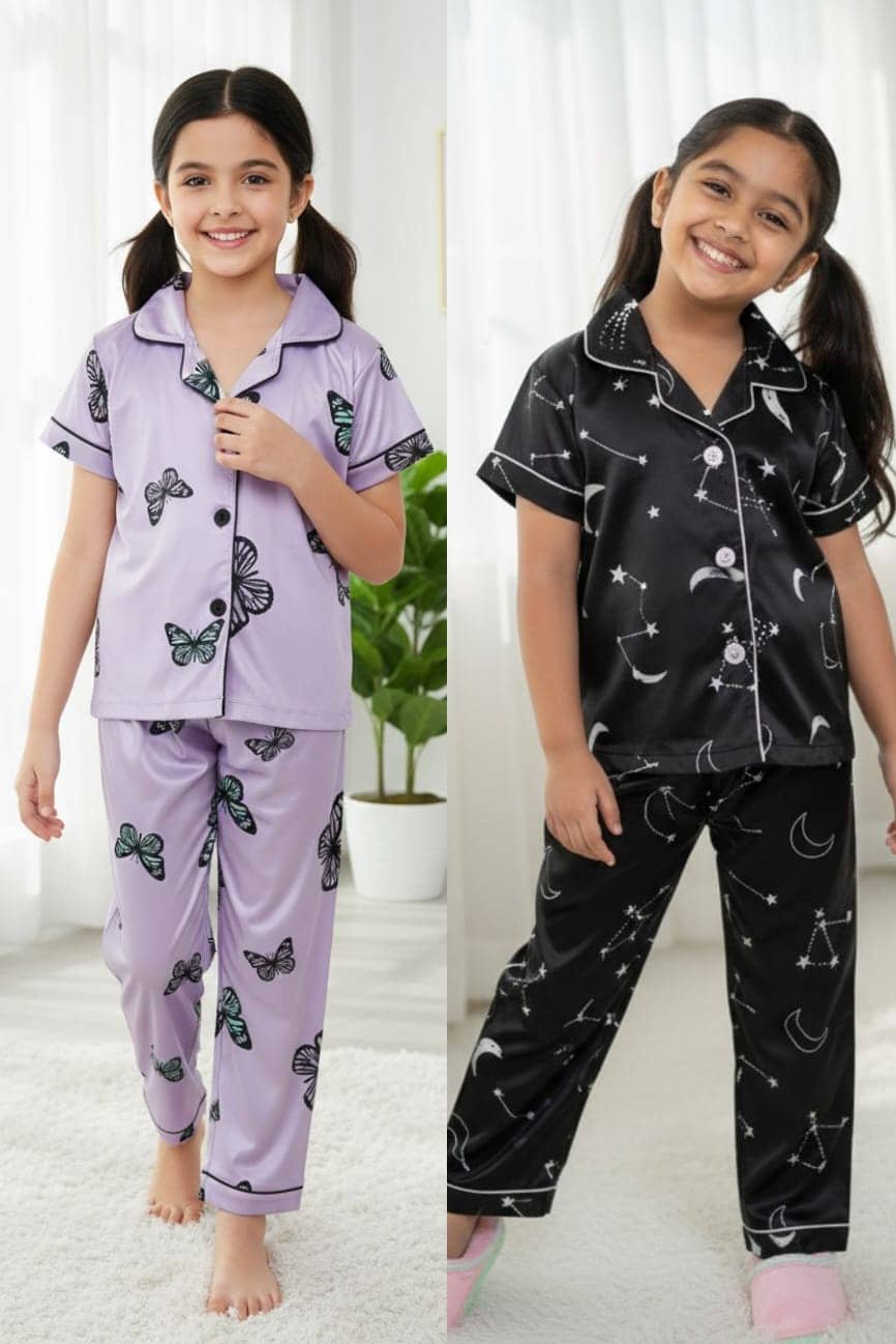 Pack of 2 Girls Cotton Blend Nightsuit Set ( Black ) - Image 2