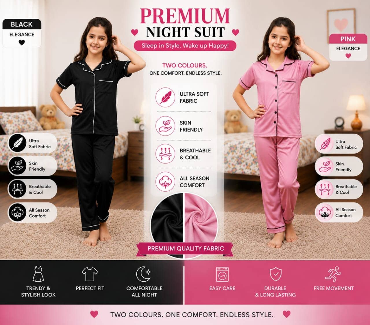 Pack of 2 Girls Cotton Blend Nightsuit Set ( Lavender )