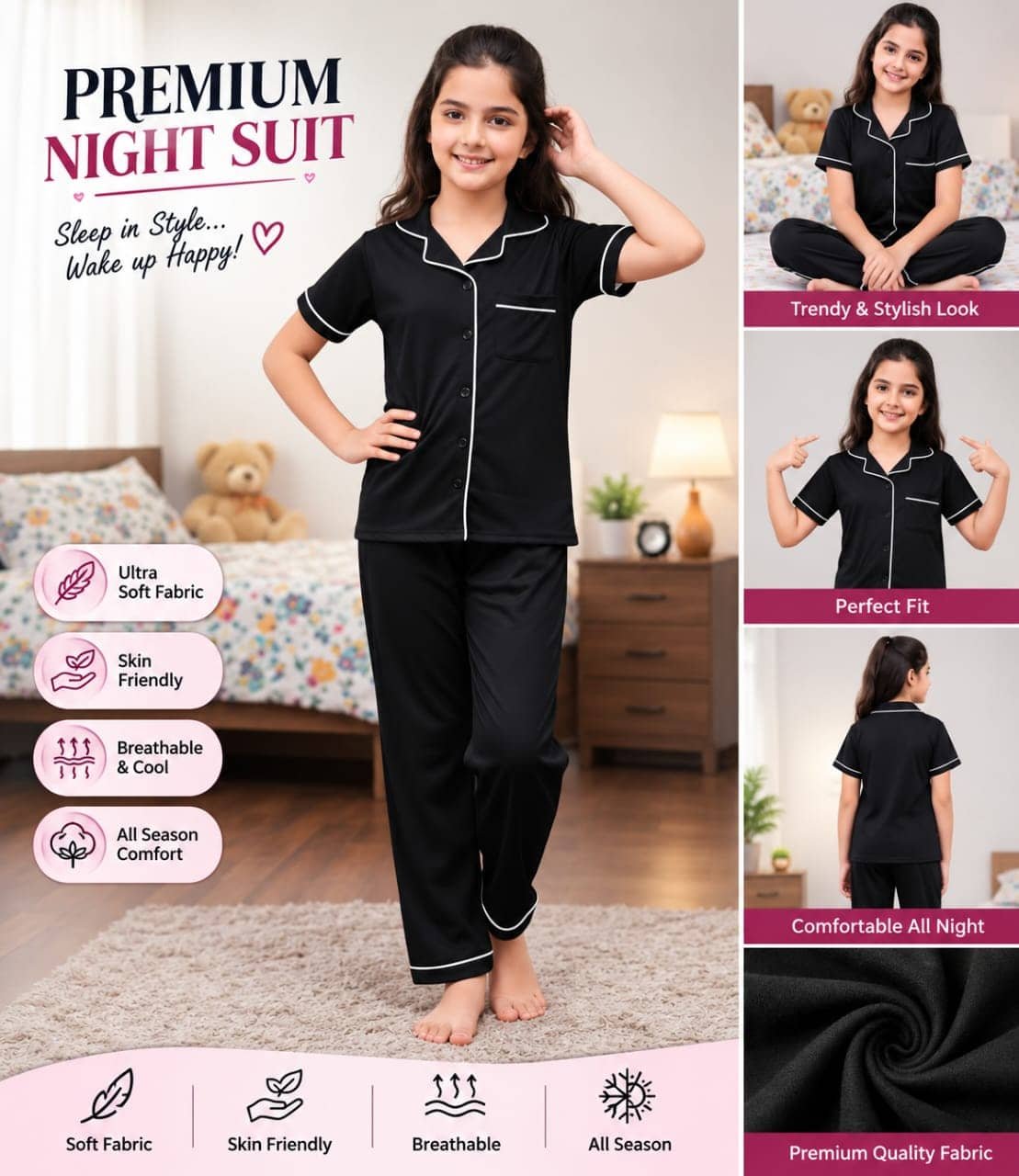 Pack of 2 Girls Cotton Blend Nightsuit Set ( Lavender ) - Image 2