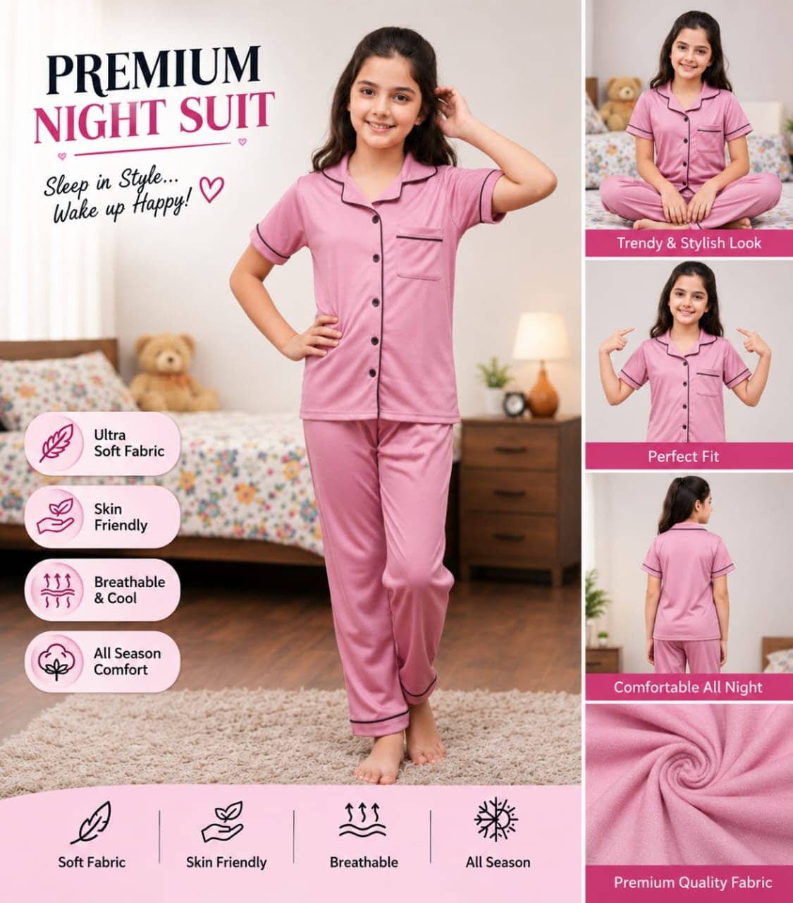 Pack of 2 Girls Cotton Blend Nightsuit Set ( Lavender ) - Image 3