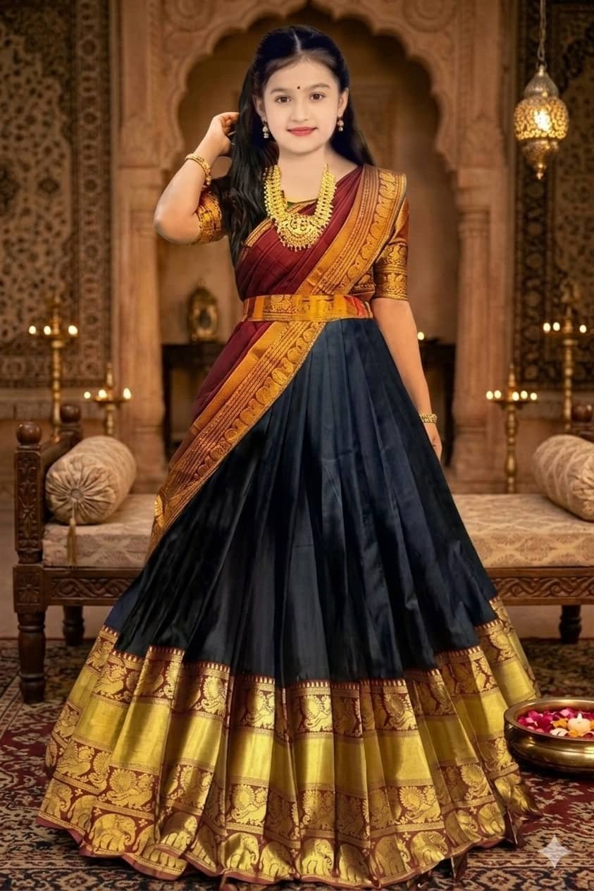 Tapovan Fashion Jacquard Lehenga Choli Set For Girls ( Pack of 1 , Black )