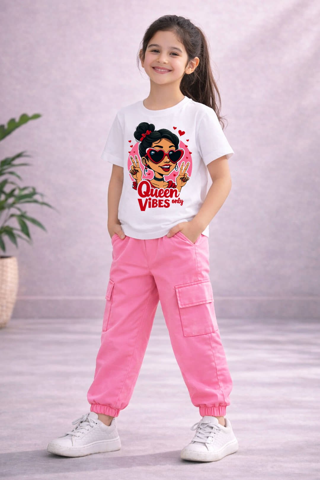 Trampoline Pack of 1 Girls Cotton Blend T-shirt & Cargos ( Pink & White )