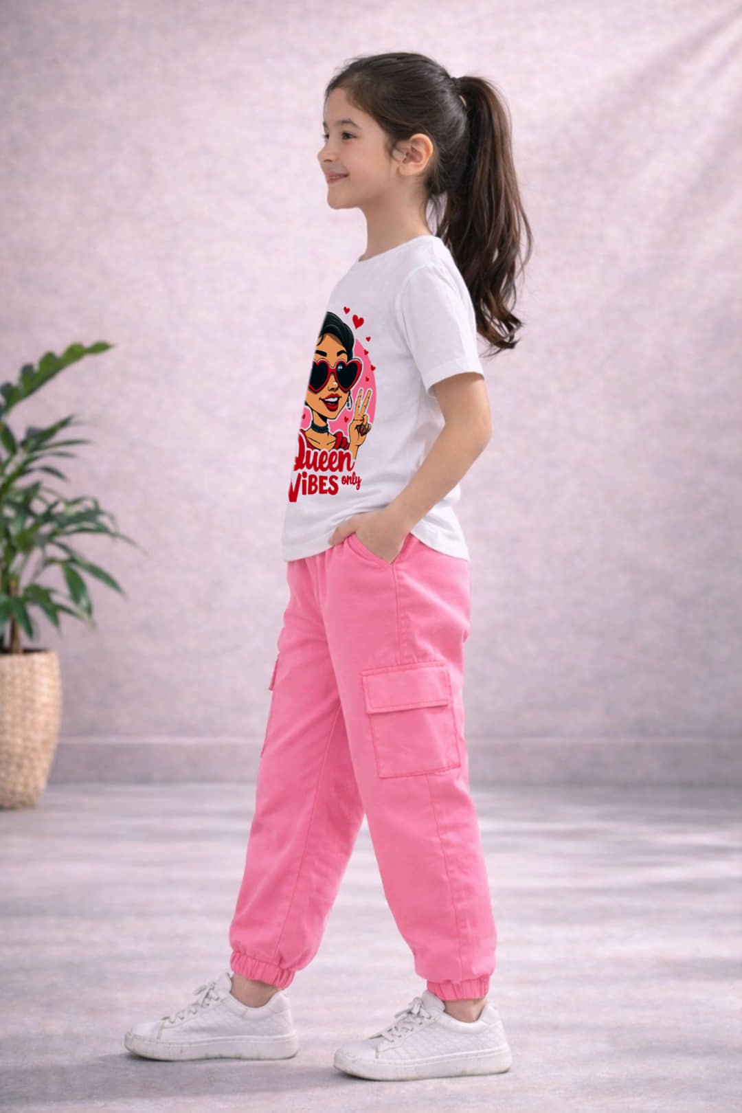 Trampoline Pack of 1 Girls Cotton Blend T-shirt & Cargos ( Pink & White ) - Image 3
