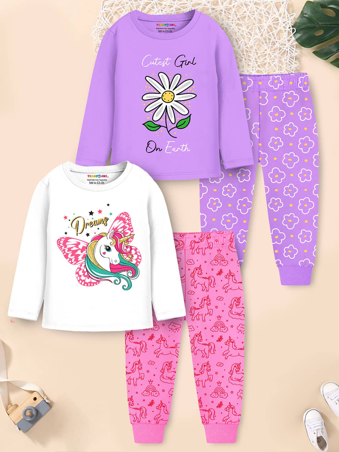 Trampoline Pack of 2 Girls Cotton Blend Nightsuit Set ( Purple )