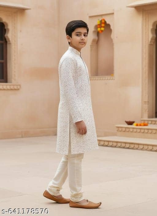 Boys Rayon Cream Kurta Pyjama Set ( Pack of 1 ) - Image 3